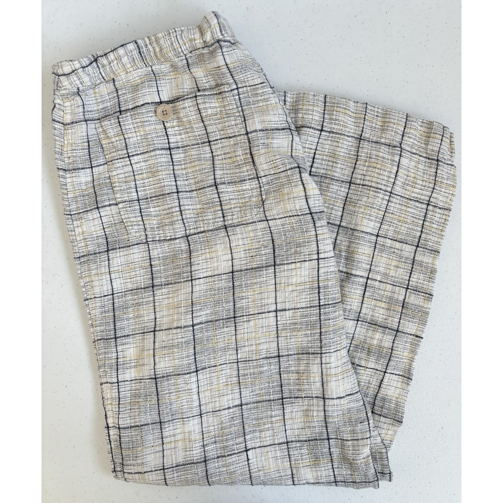 Tommy Bahama Women's Size 14 Cream Yellow Blue Plaid 100% Linen Casual Pants